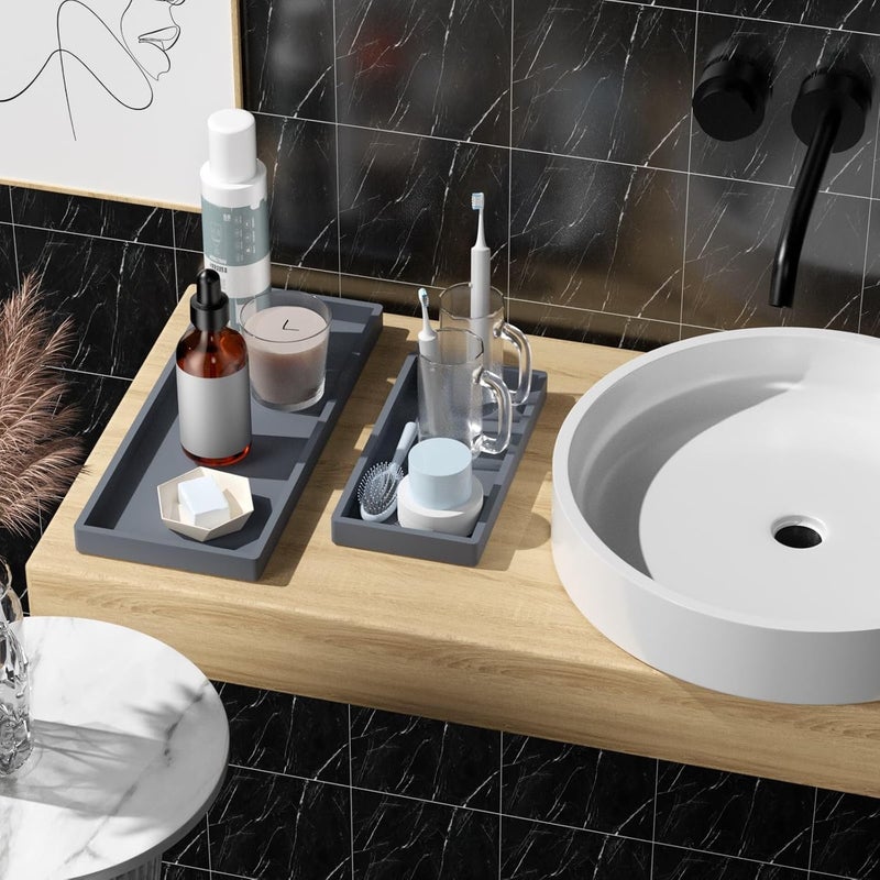 BBK Bathroom Vanity Tray- 2 Pack (7.8" and 11.8") Silicone Bathroom Tray for Counter, Perfume Key Trinket Ring Tray, Decor Soap Dispenser Countertop Tray for Kitchen Sink Organization.(Gray) - Image 5